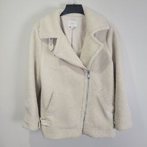 LOFT Sherpa Trim Moto Zip Jacket Coat Womens Small Ivory Aviator